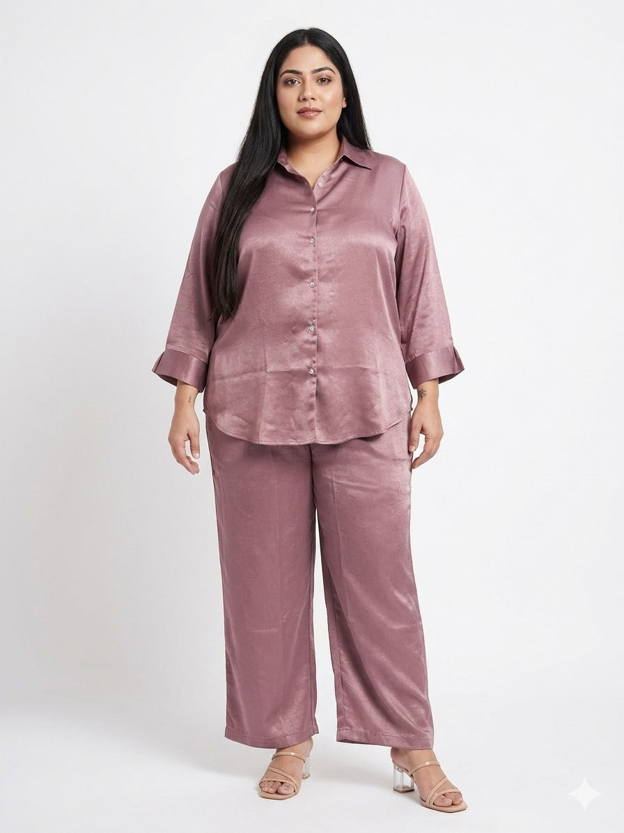 Women's Plus Size Mauve Satin Button-Down Shirt & Straight-Leg Trouser Set