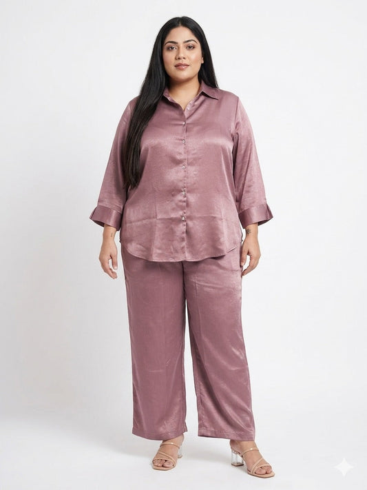 Women's Plus Size Mauve Satin Button-Down Shirt & Straight-Leg Trouser Set