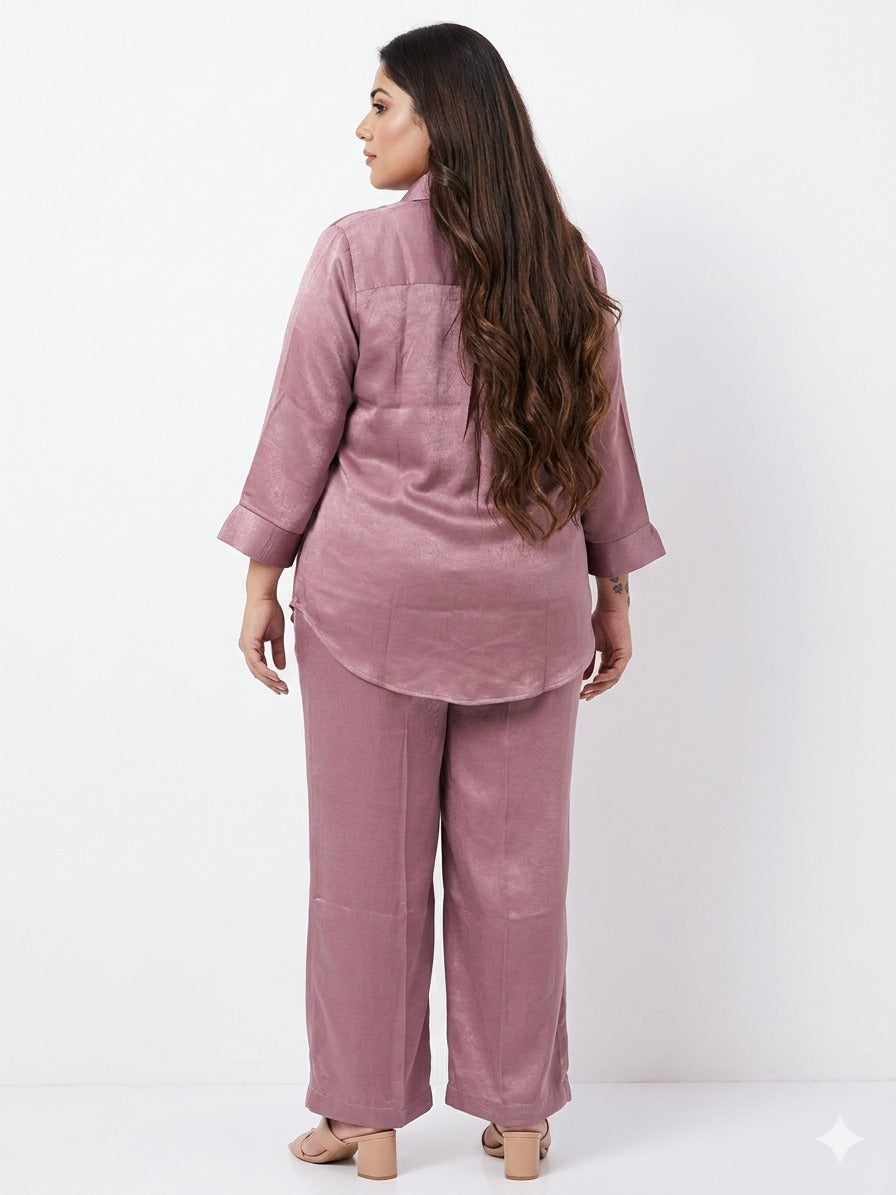 Women's Plus Size Mauve Satin Button-Down Shirt & Straight-Leg Trouser Set