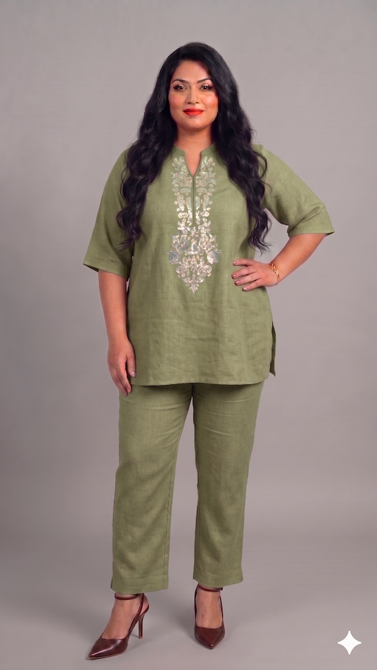 Premium Linen Embroidered Tunic & Trouser Set