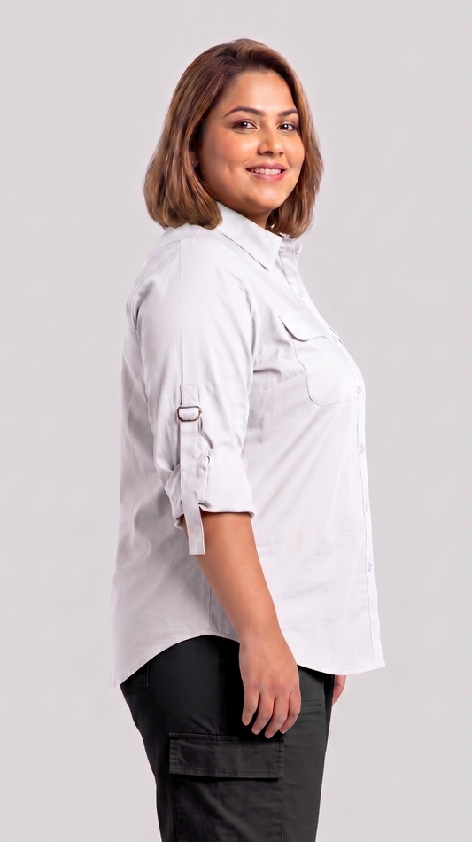 Classic White Buckle-Down Shirt with Roll-Up Sleeves