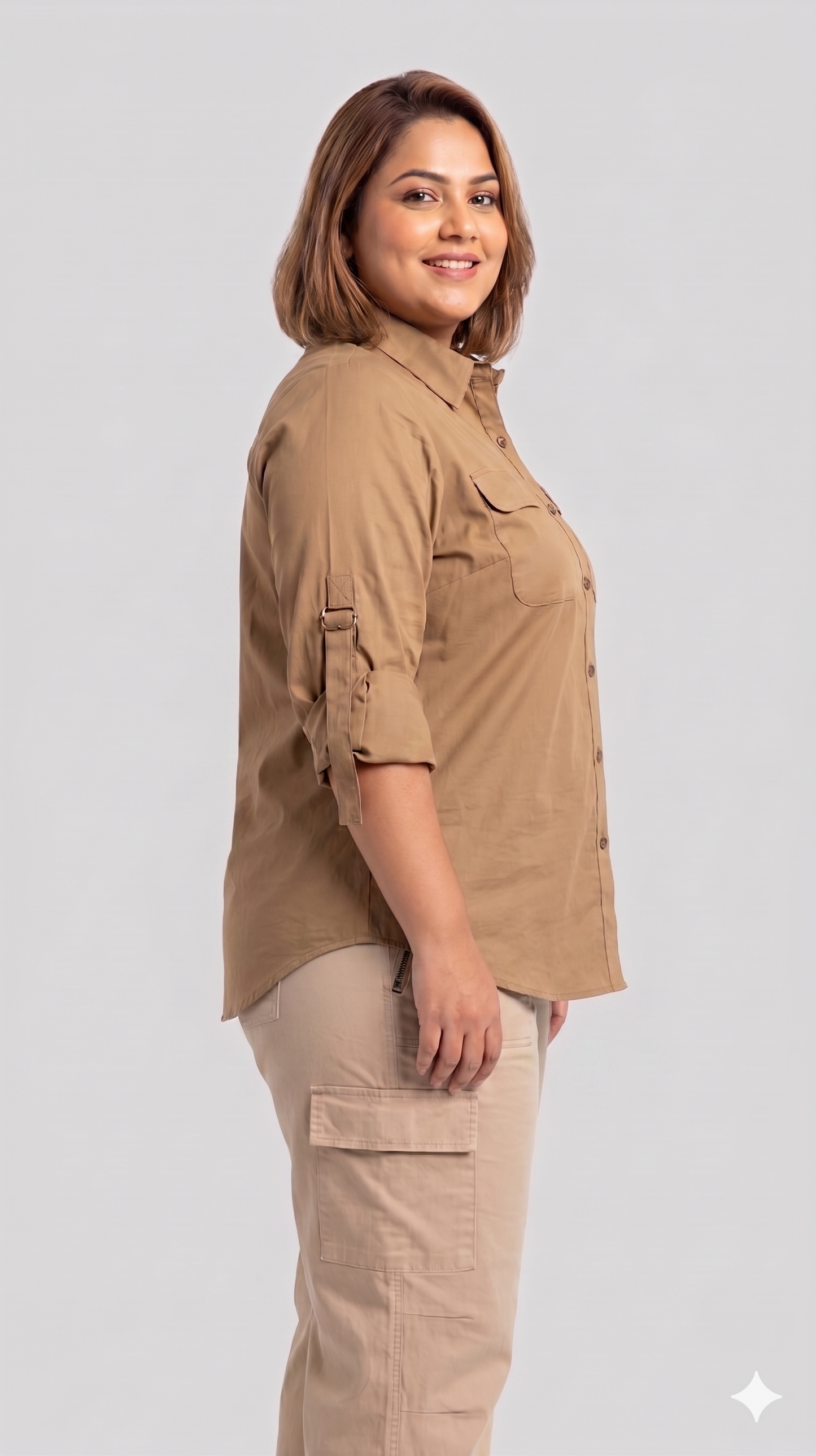 Classic Khaki Buckle-Down Shirt with Roll-Up Sleeves