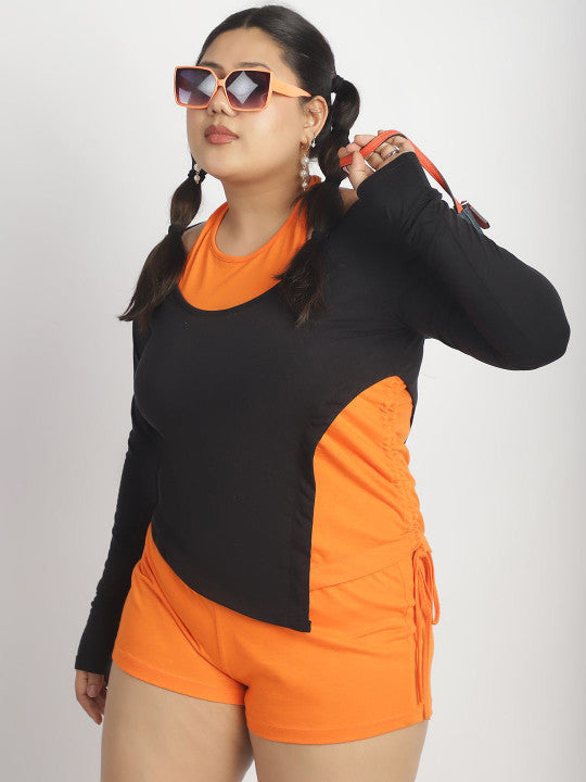 Dual Tone Ruched Detail Long Sleeve Top