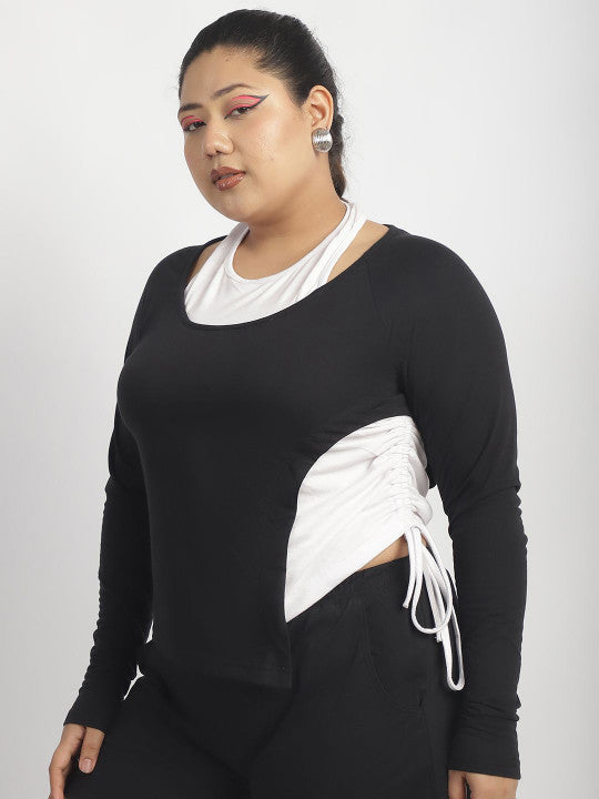 Dual Tone Ruched Detail Long Sleeve Top