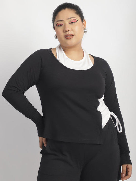 Dual Tone Ruched Detail Long Sleeve Top