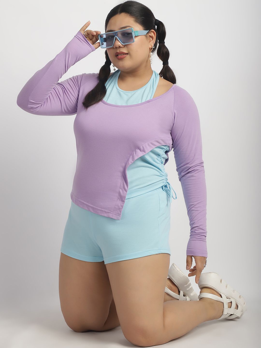 Dual Tone Ruched Detail Long Sleeve Top