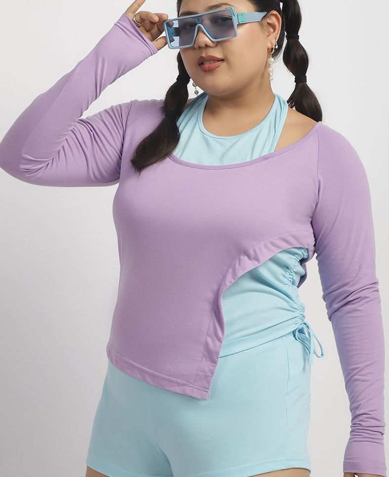 Dual Tone Ruched Detail Long Sleeve Top