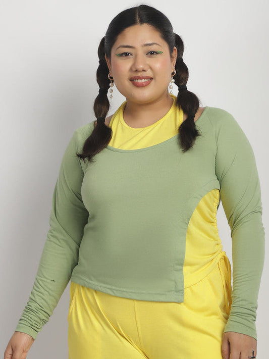 Dual Tone Ruched Detail Long Sleeve Top