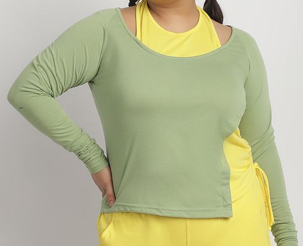 Dual Tone Ruched Detail Long Sleeve Top