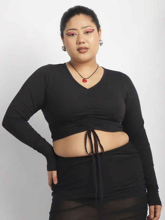 Sleek Black Front Drawstring Crop Top