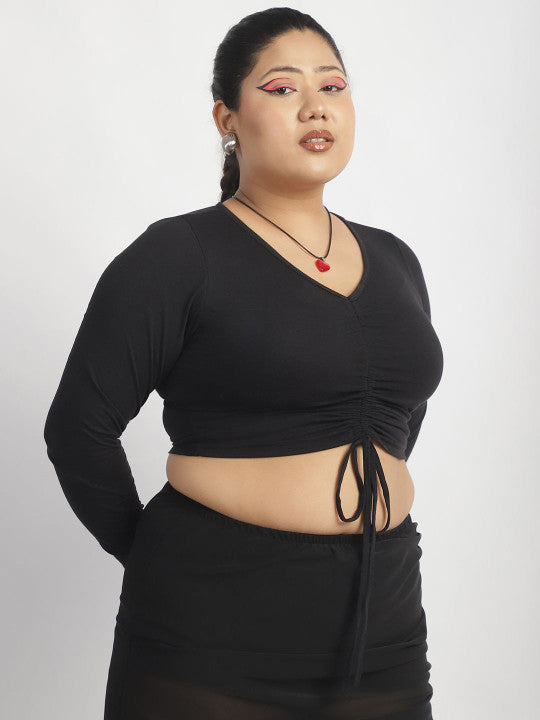 Sleek Black Front Drawstring Crop Top