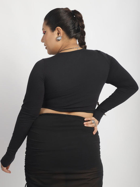 Sleek Black Front Drawstring Crop Top