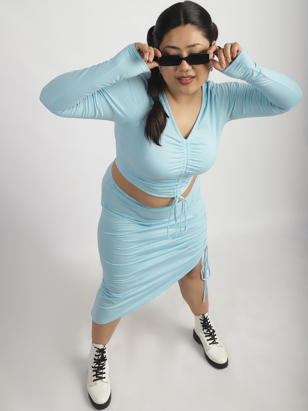 soft skyblue drawstring front top