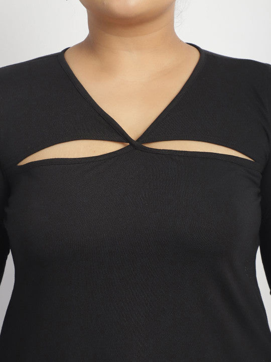 Black long-sleeve top with cut-out design on a white background