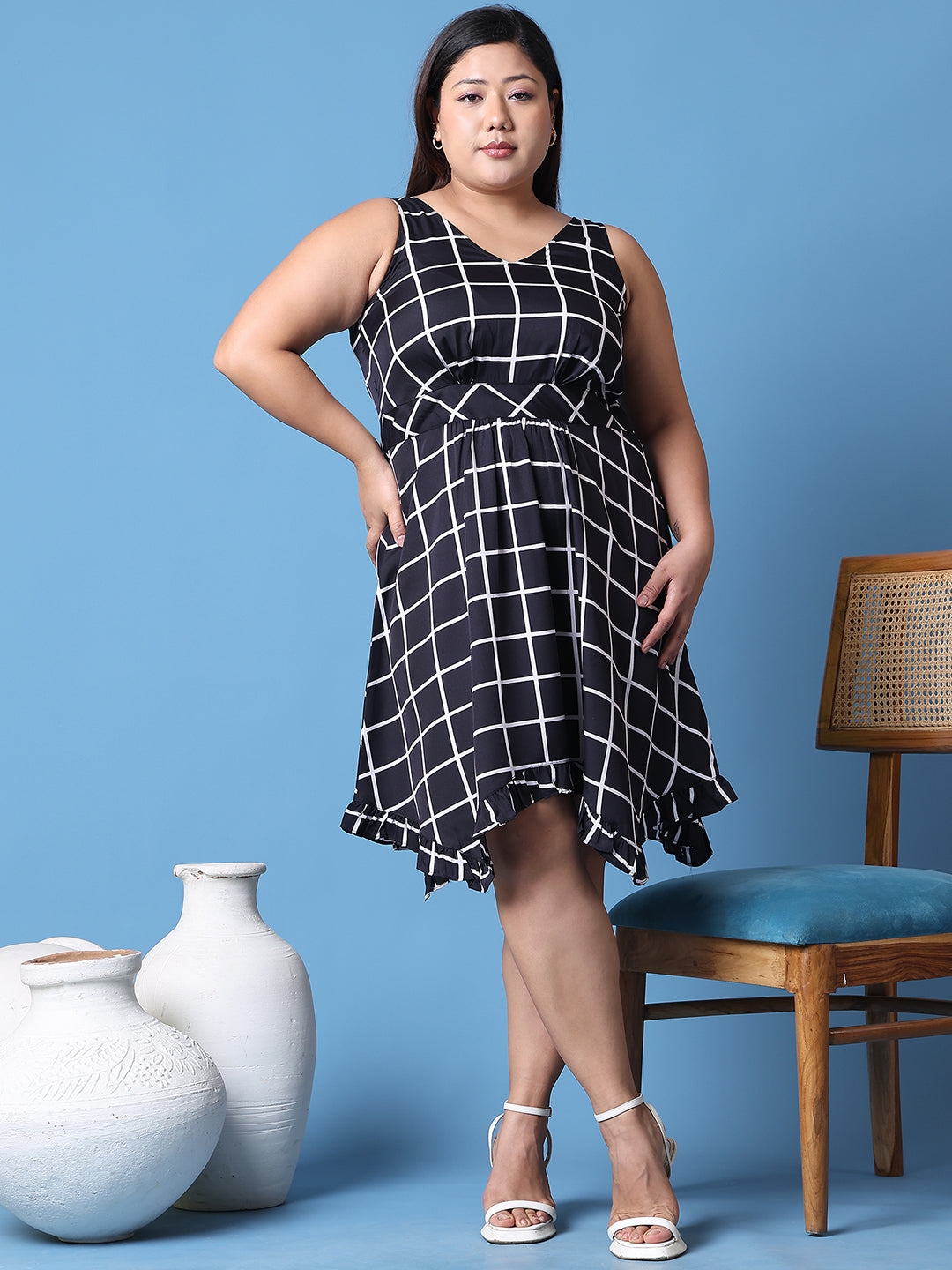 Women's Plus Size Black checked printed a-line dress