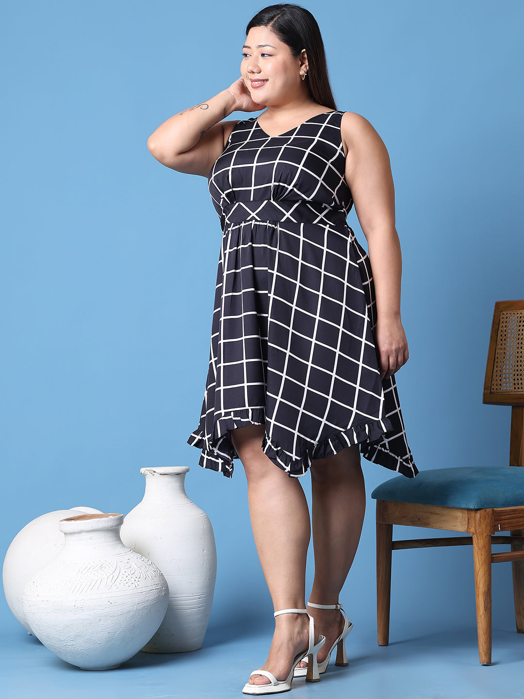 Women's Plus Size Black checked printed a-line dress
