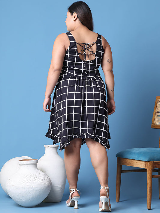 Women's Plus Size Black checked printed a-line dress