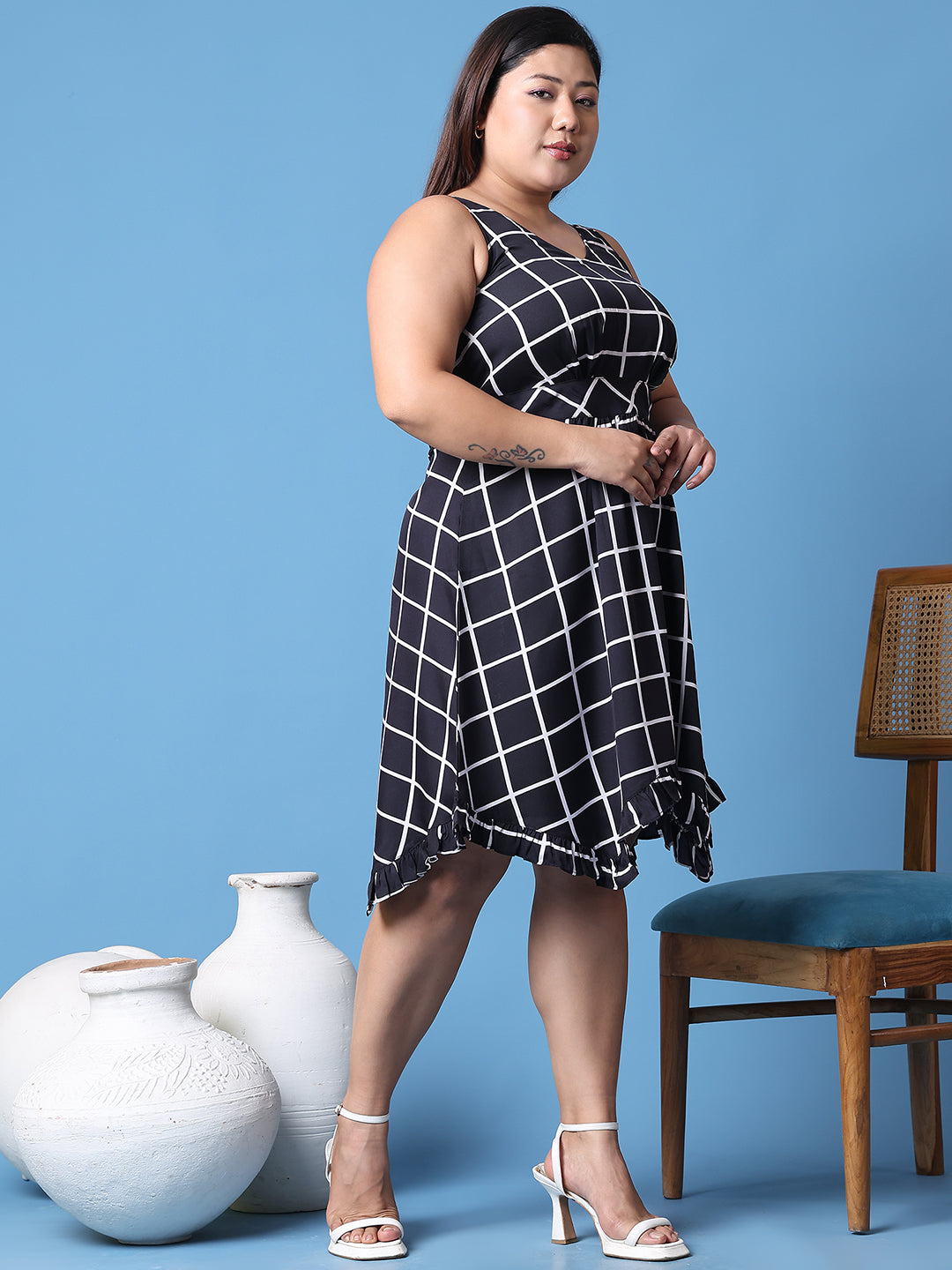 Women's Plus Size Black checked printed a-line dress