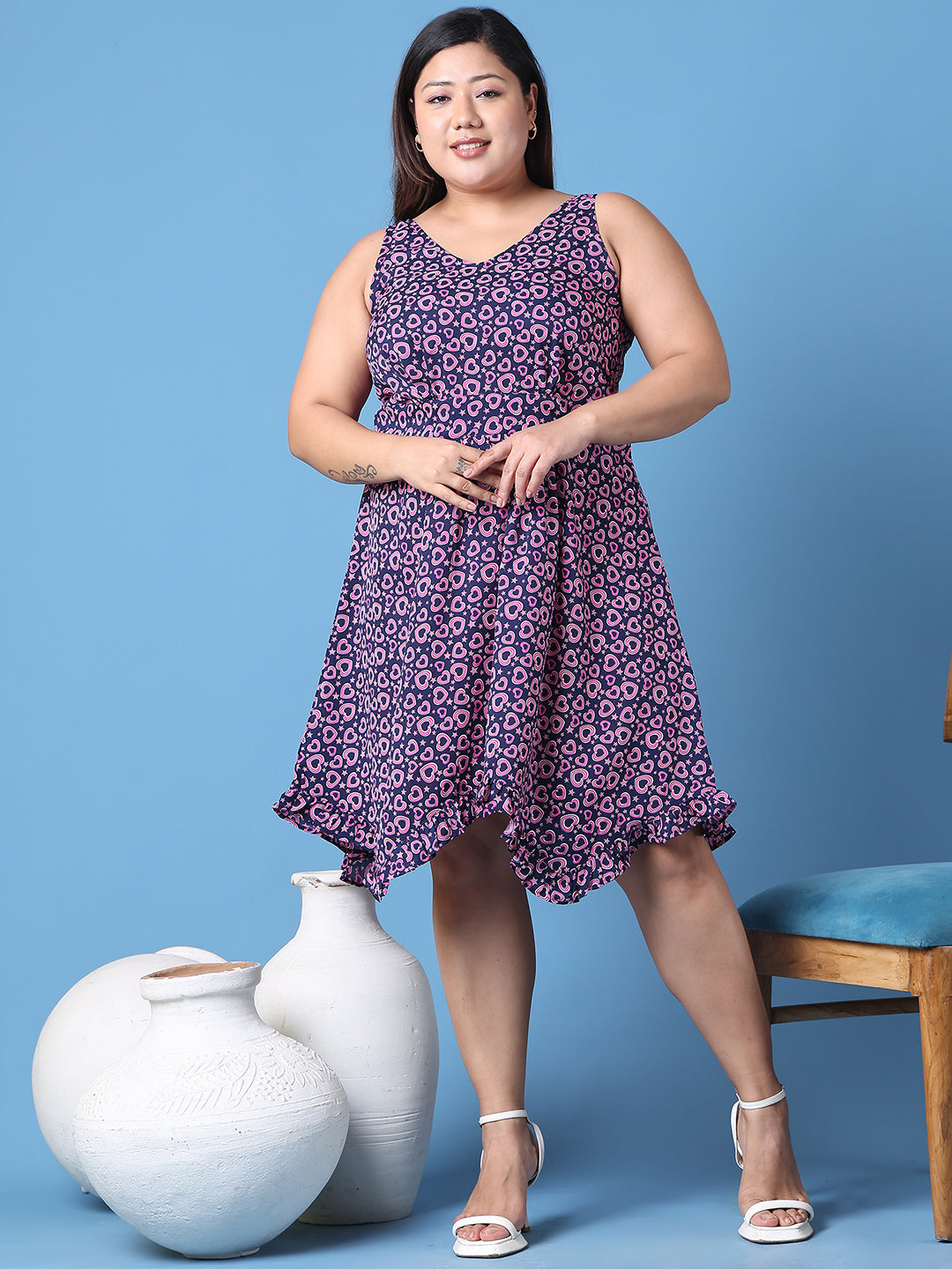 Women's Plus Size Navy heart printed a-line dress