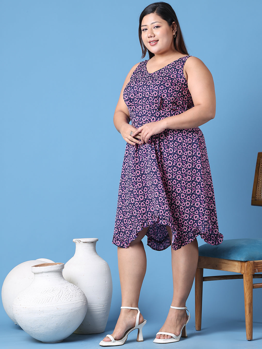 Women's Plus Size Navy heart printed a-line dress