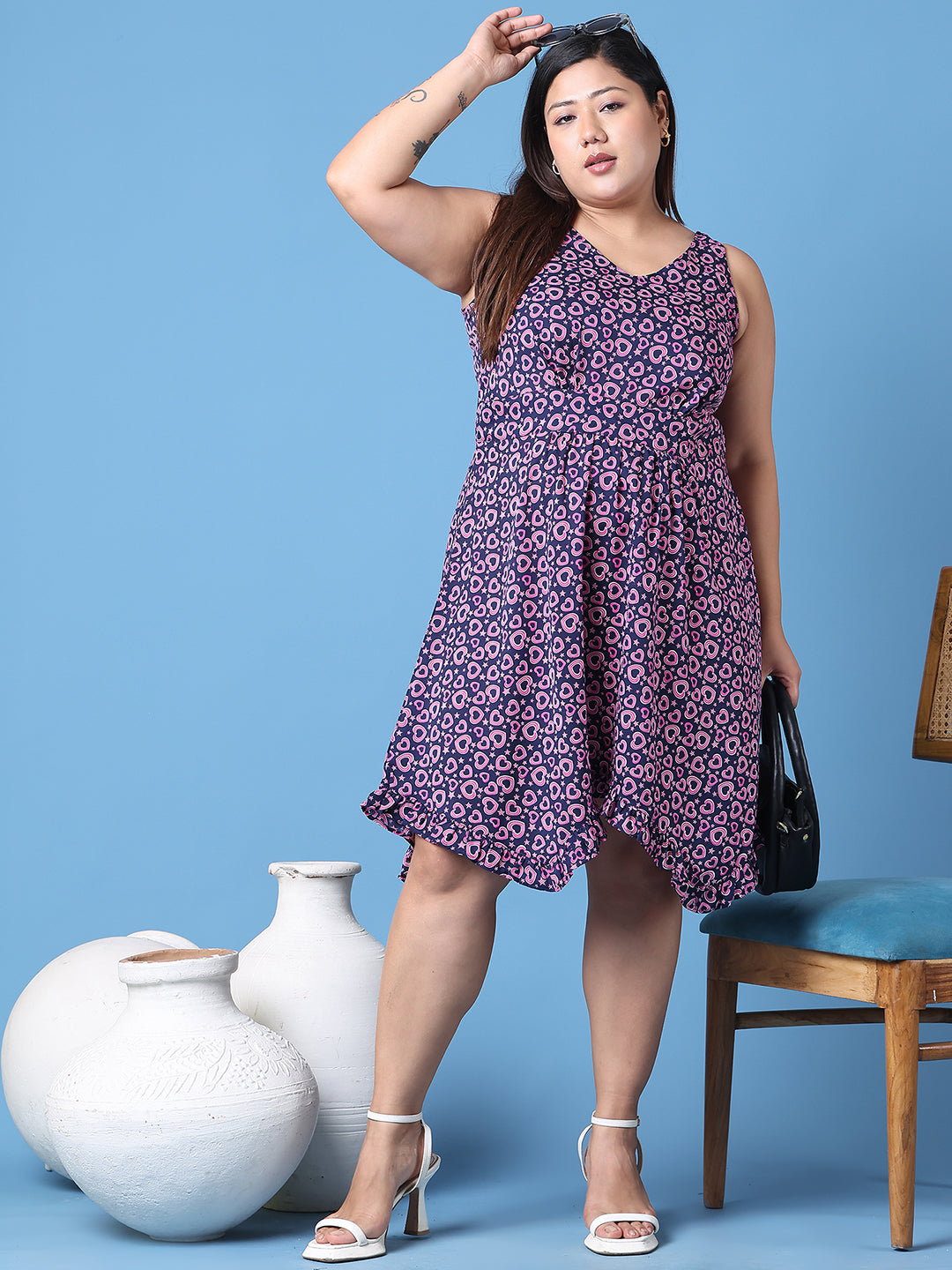 Women's Plus Size Navy heart printed a-line dress