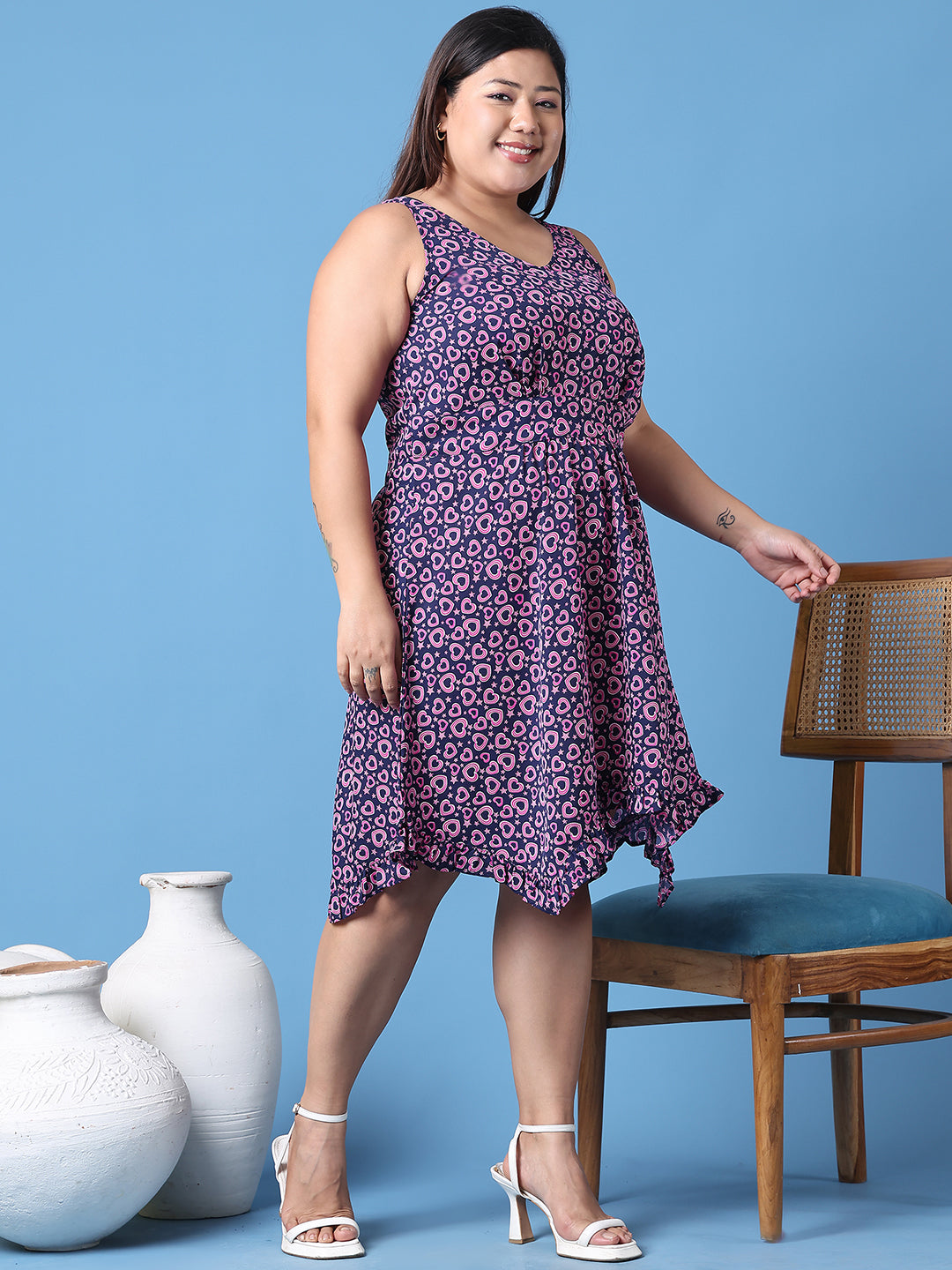 Women's Plus Size Navy heart printed a-line dress