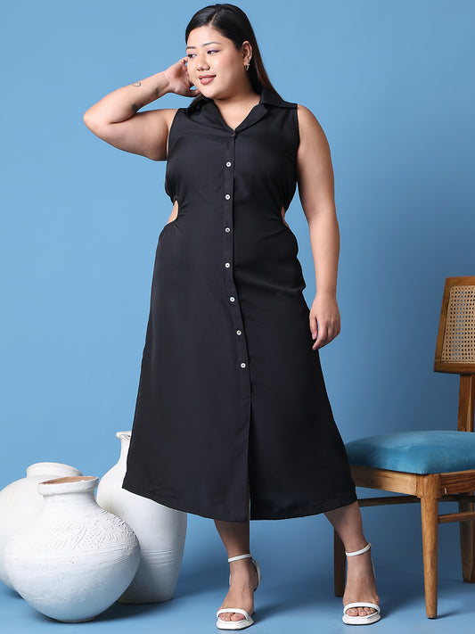 Women's Plus Size Black Solid Color shirt collar A-Line dress