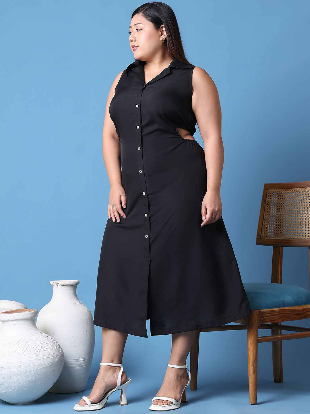 Women's Plus Size Black Solid Color shirt collar A-Line dress
