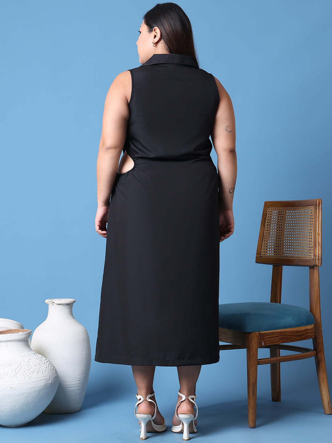 Women's Plus Size Black Solid Color shirt collar A-Line dress