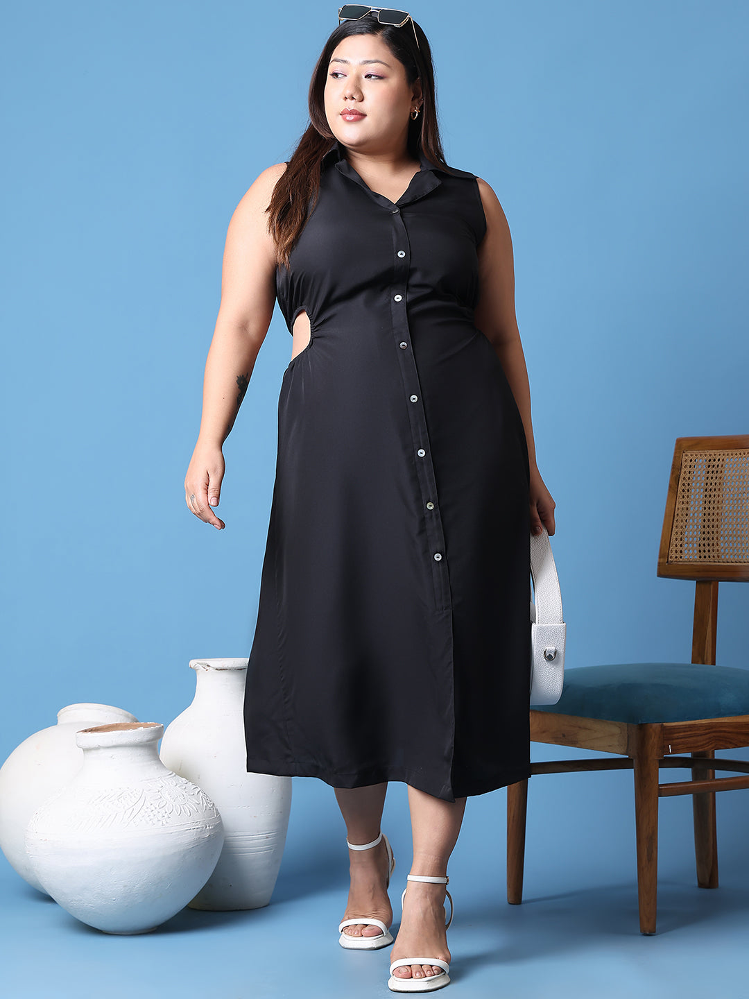 Women's Plus Size Black Solid Color shirt collar A-Line dress