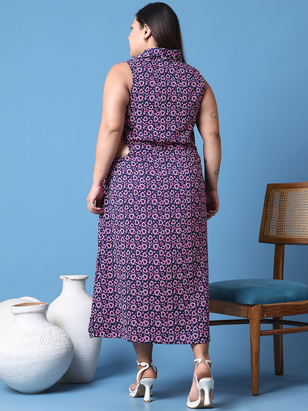 Women's Plus Size Navy color heart Printed shirt collar A-Line dress