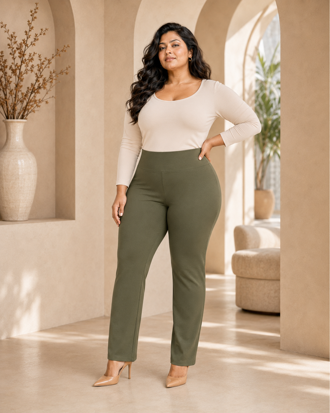 OG Magic Pants in Olive styled on a plus-size model