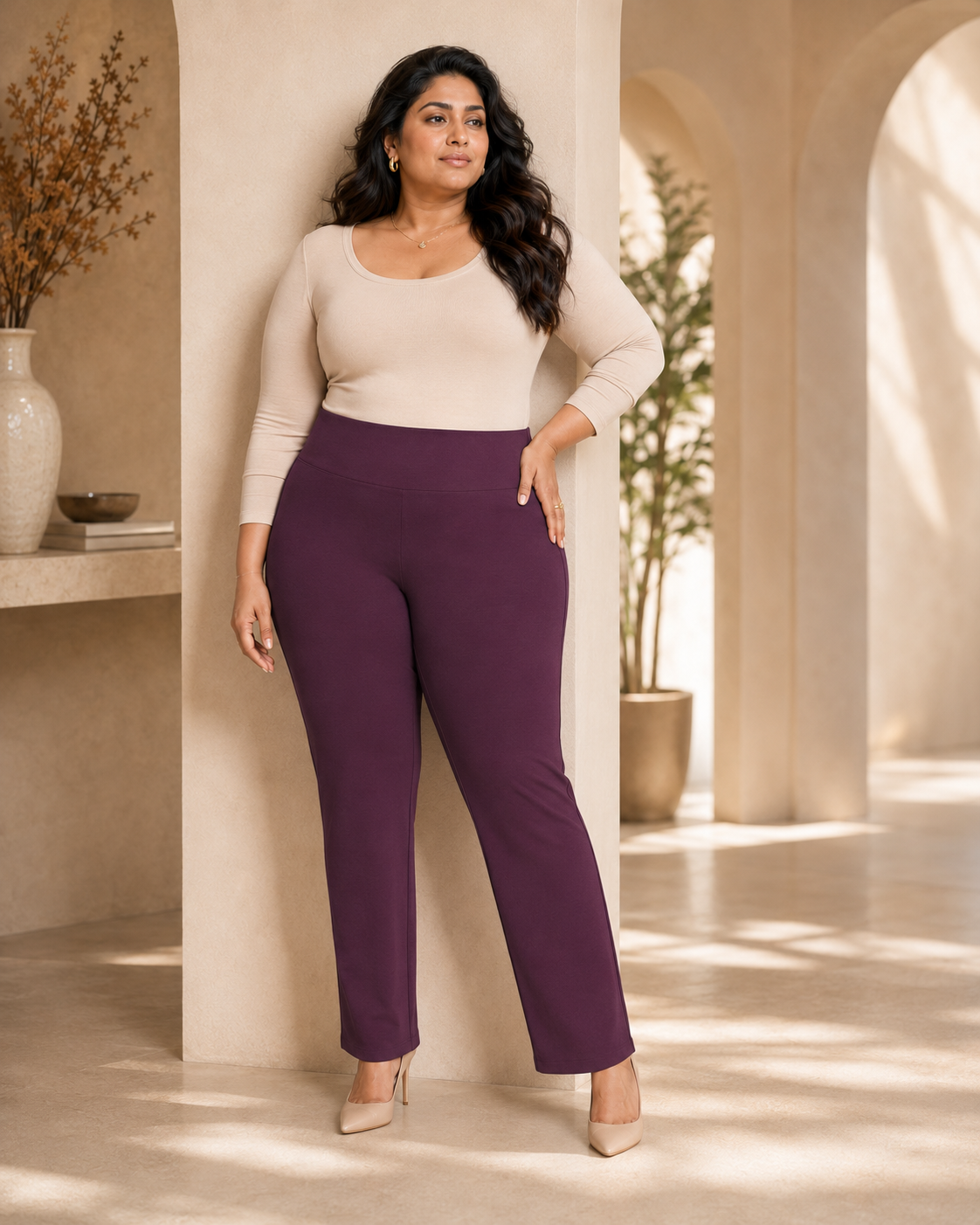 OG Magic Pants in Plum styled on a plus-size model