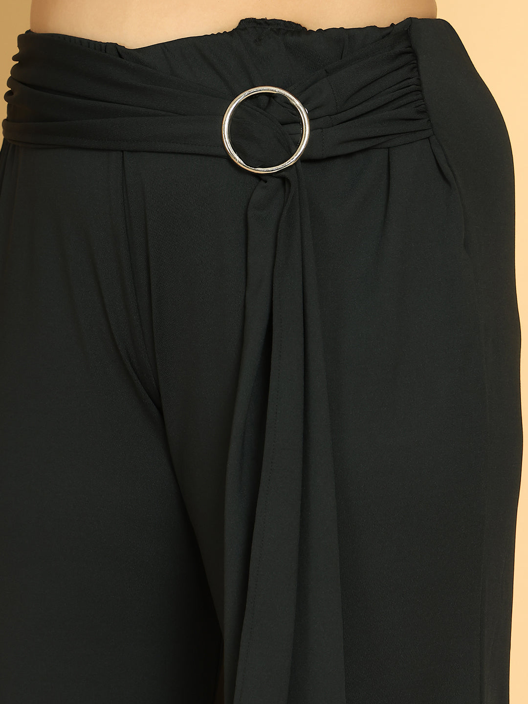 Women's Plus Size Black Solid Color Poly Trouser with waist knot tie-up detail