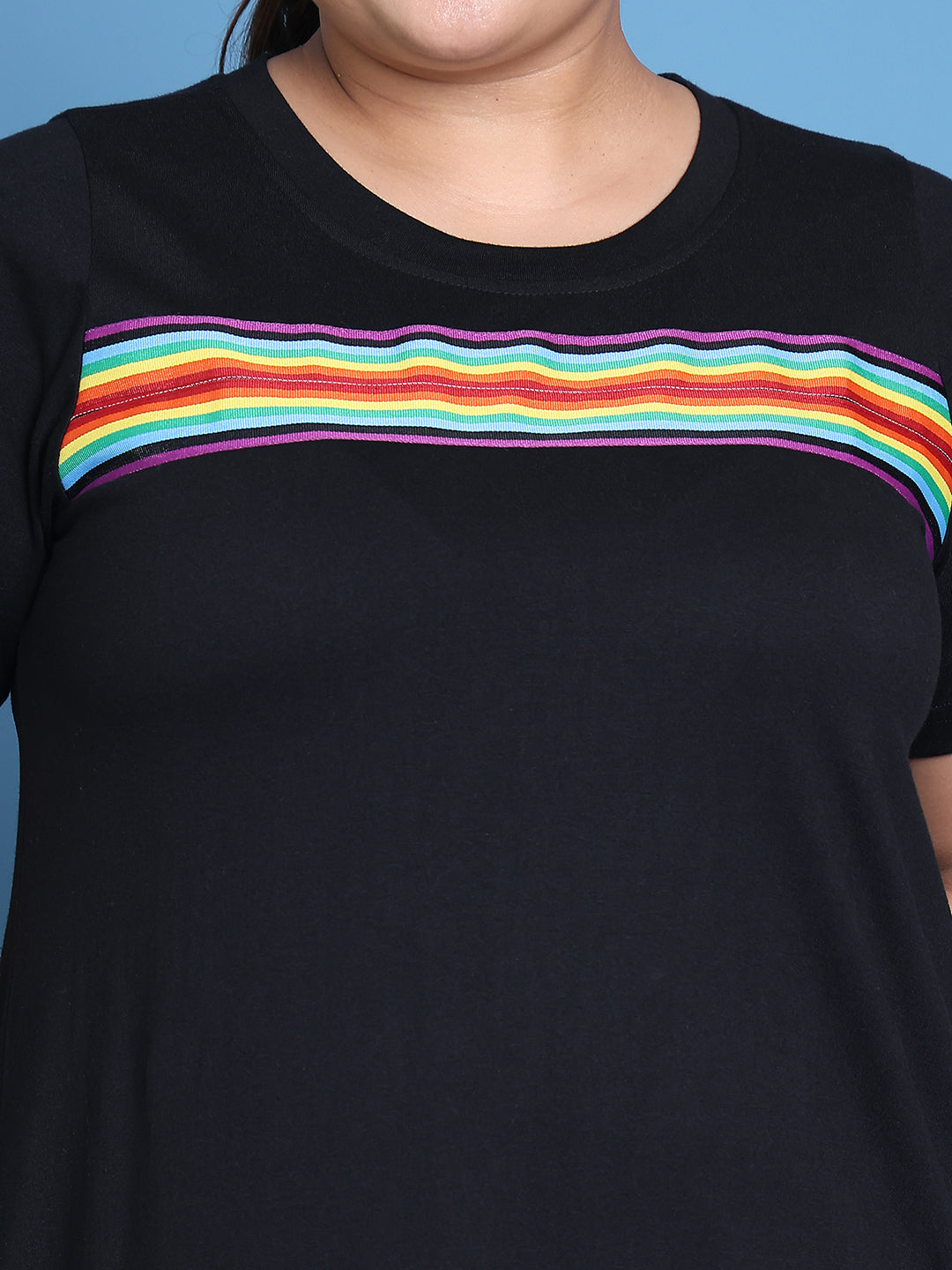 Women's Plus Size Black Solid Color Cotton Knitted A-Line Dress with attached rainbow tape on chest
