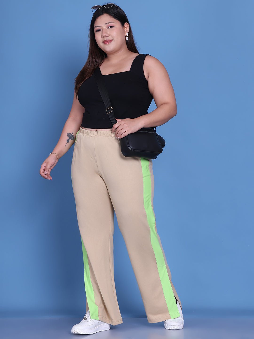 Women's Plus Size Beige & Sea Green Color Block Trouser