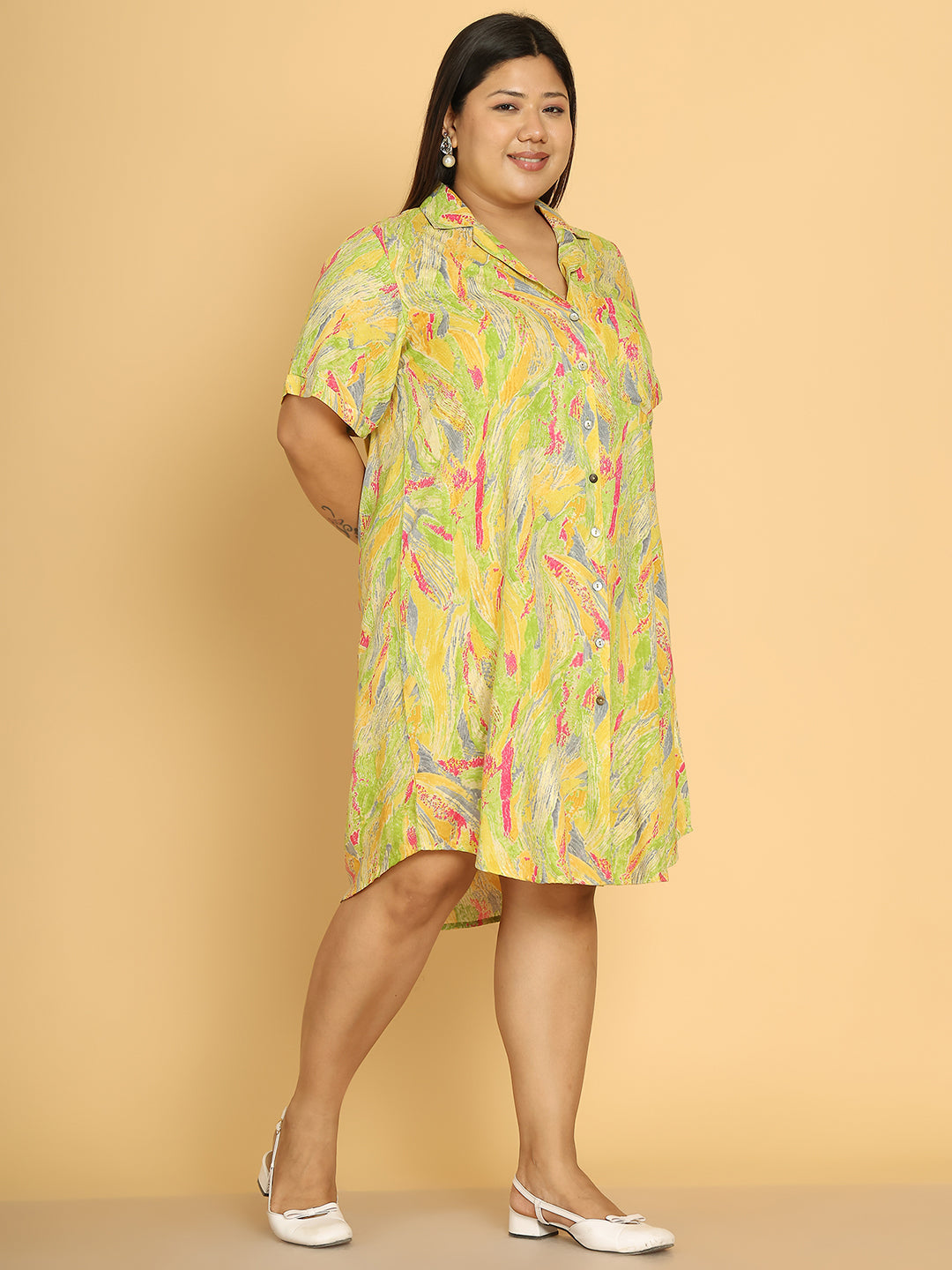 Women's Plus Size Yellow Gold Foil Printed A-Line Dress