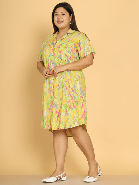 Women's Plus Size Yellow Gold Foil Printed A-Line Dress
