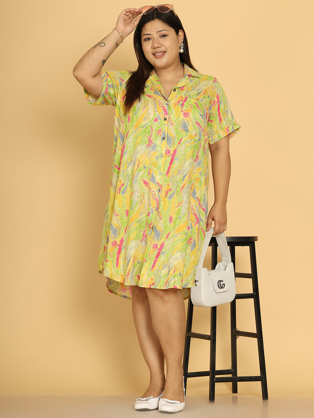 Women's Plus Size Yellow Gold Foil Printed A-Line Dress