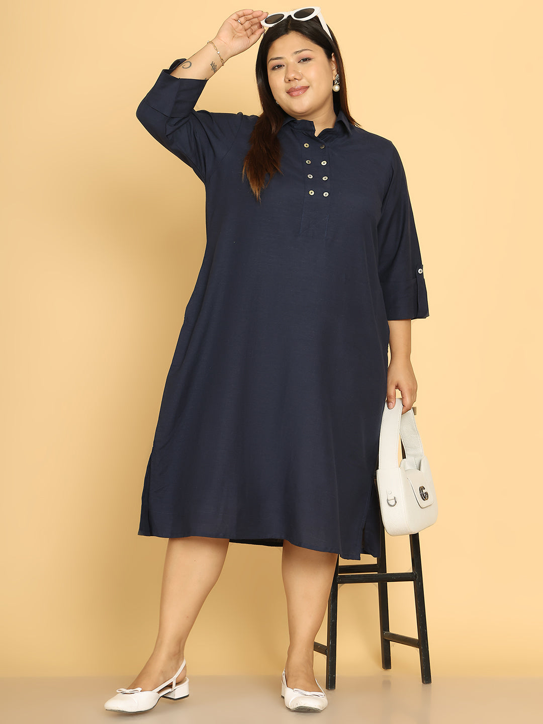 Women's Plus Size Navy Blue Solid Color A-Line Linen Dress