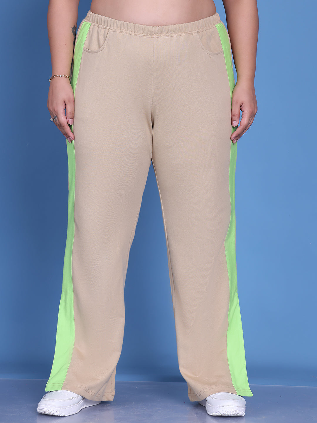 Women's Plus Size Beige & Sea Green Color Block Trouser