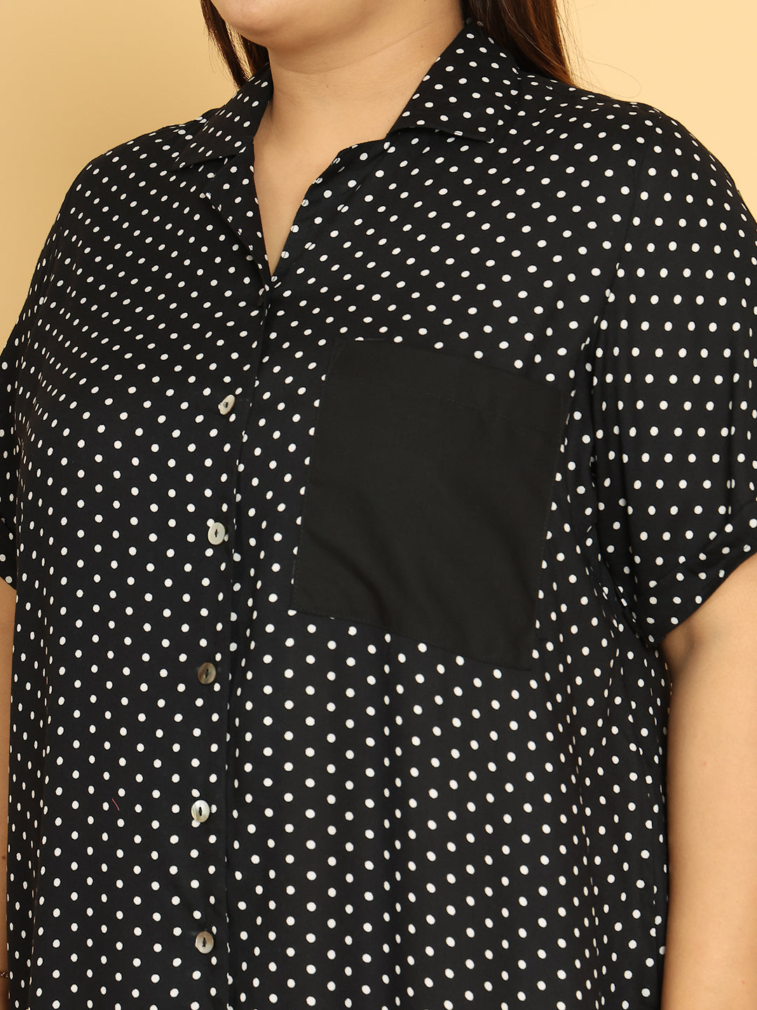 Women's Plus Size Black Polka Dot Printed A-Line Dress