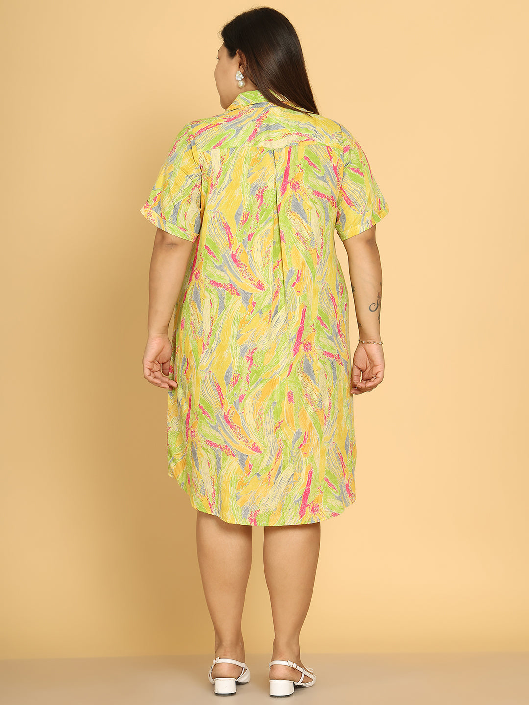Women's Plus Size Yellow Gold Foil Printed A-Line Dress