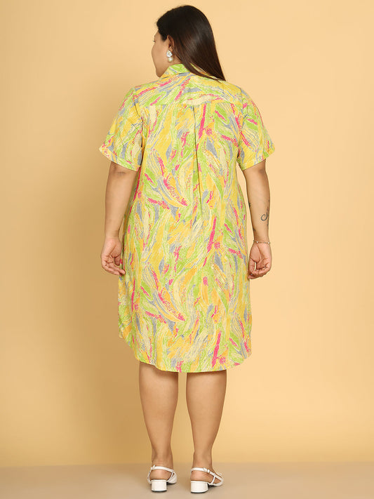 Women's Plus Size Yellow Gold Foil Printed A-Line Dress