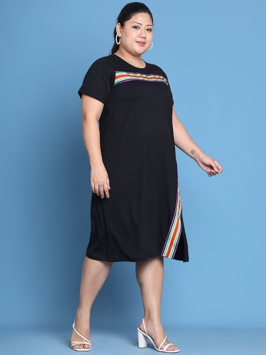 Women's Plus Size Black Solid Color Cotton Knitted A-Line Dress with attached rainbow tape on chest
