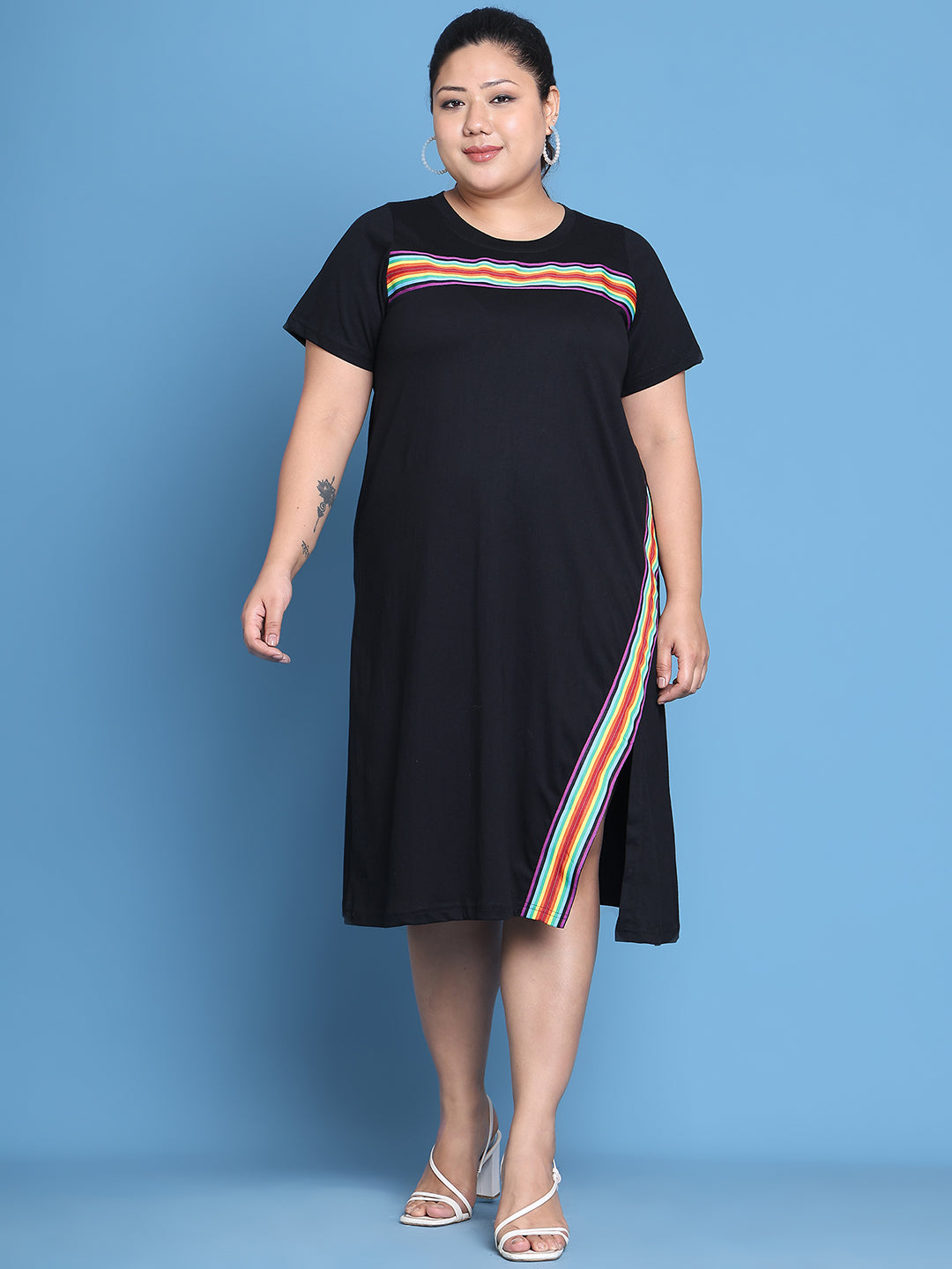 Women's Plus Size Black Solid Color Cotton Knitted A-Line Dress with attached rainbow tape on chest