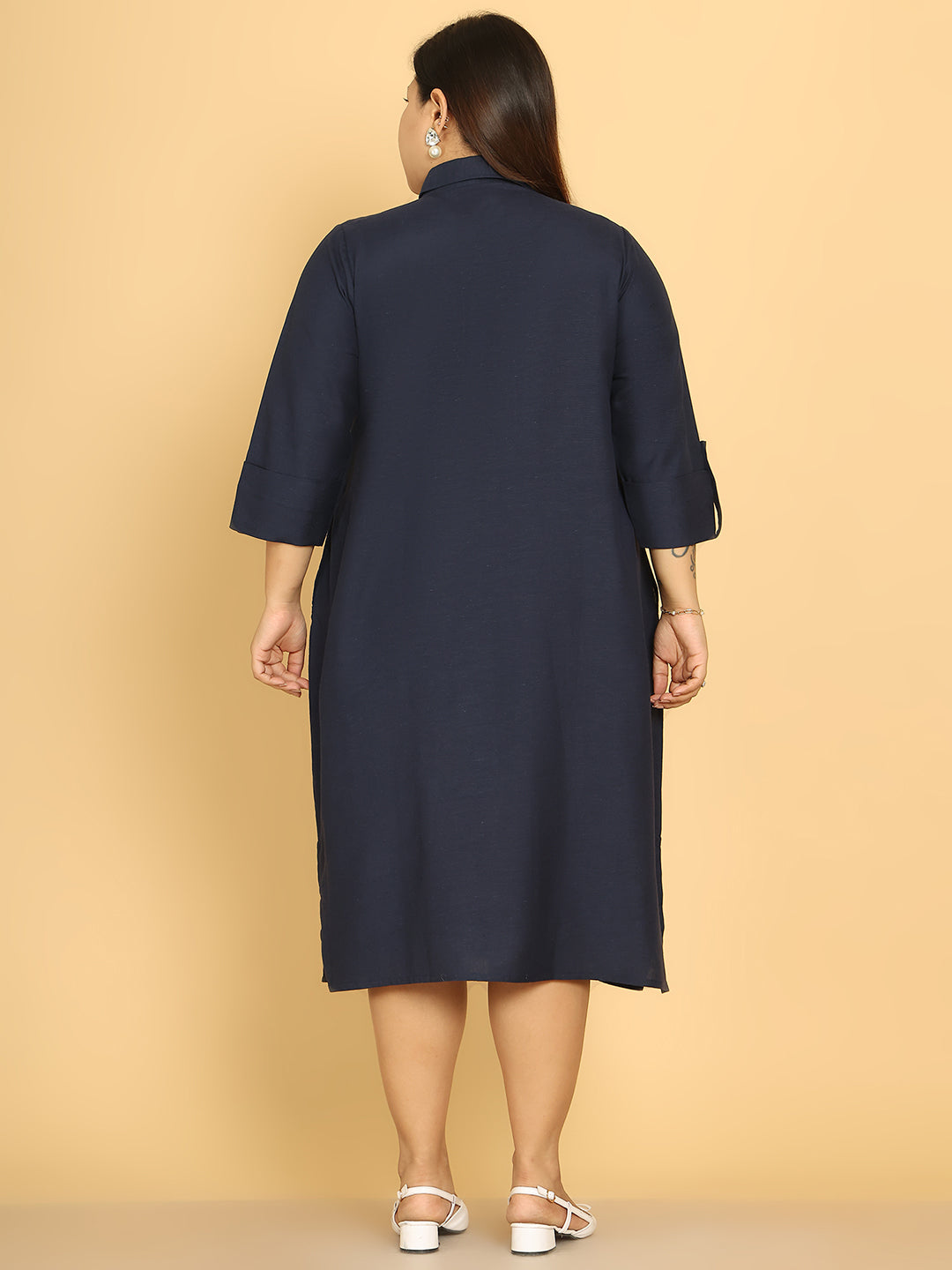 Women's Plus Size Navy Blue Solid Color A-Line Linen Dress