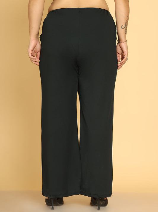 Women's Plus Size Black Solid Color Poly Trouser with waist knot tie-up detail
