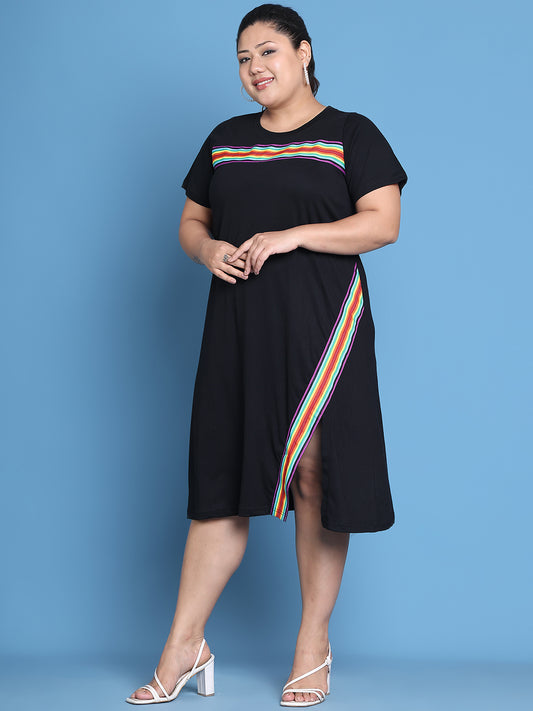 Women's Plus Size Black Solid Color Cotton Knitted A-Line Dress with attached rainbow tape on chest