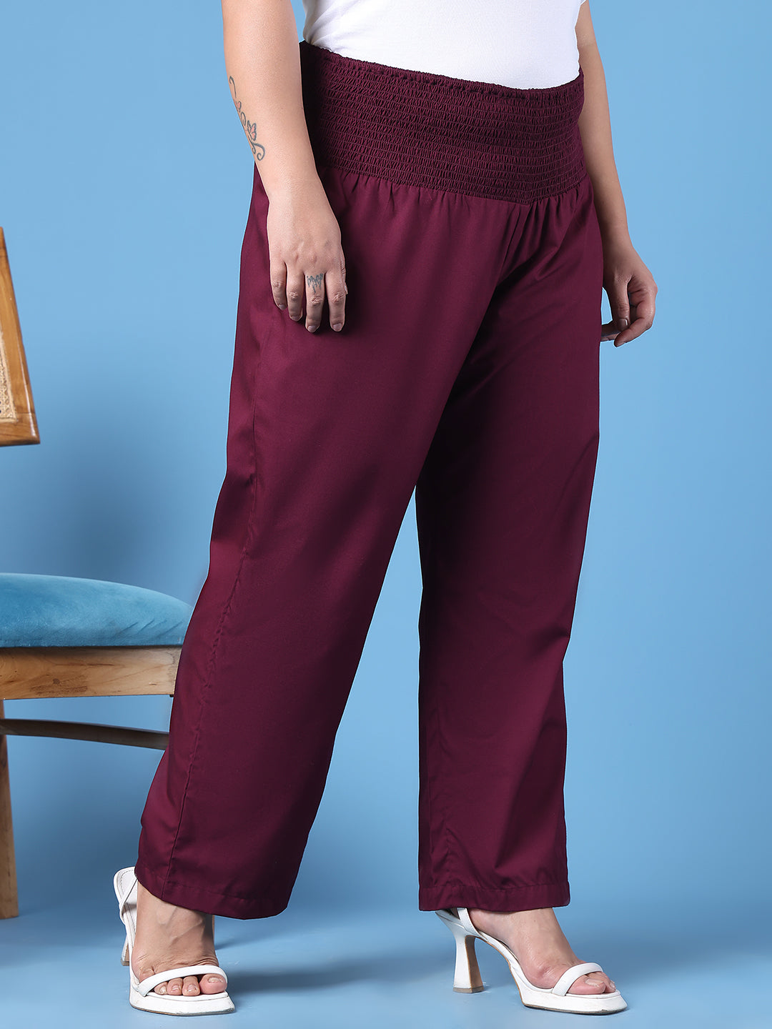 Women's Plus Size Wine Solid Color Woven Straight Fit Trouser